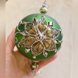 Holiday Round Ornament, Green with Silver and Brass Accents